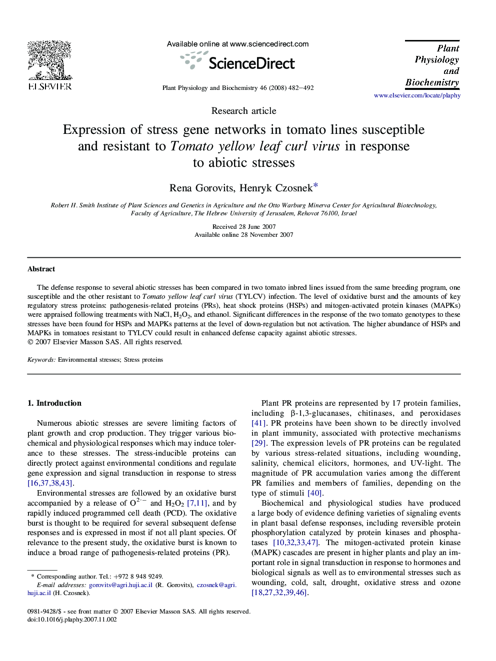 Expression of stress gene networks in tomato lines susceptible and resistant to Tomato yellow leaf curl virus in response to abiotic stresses