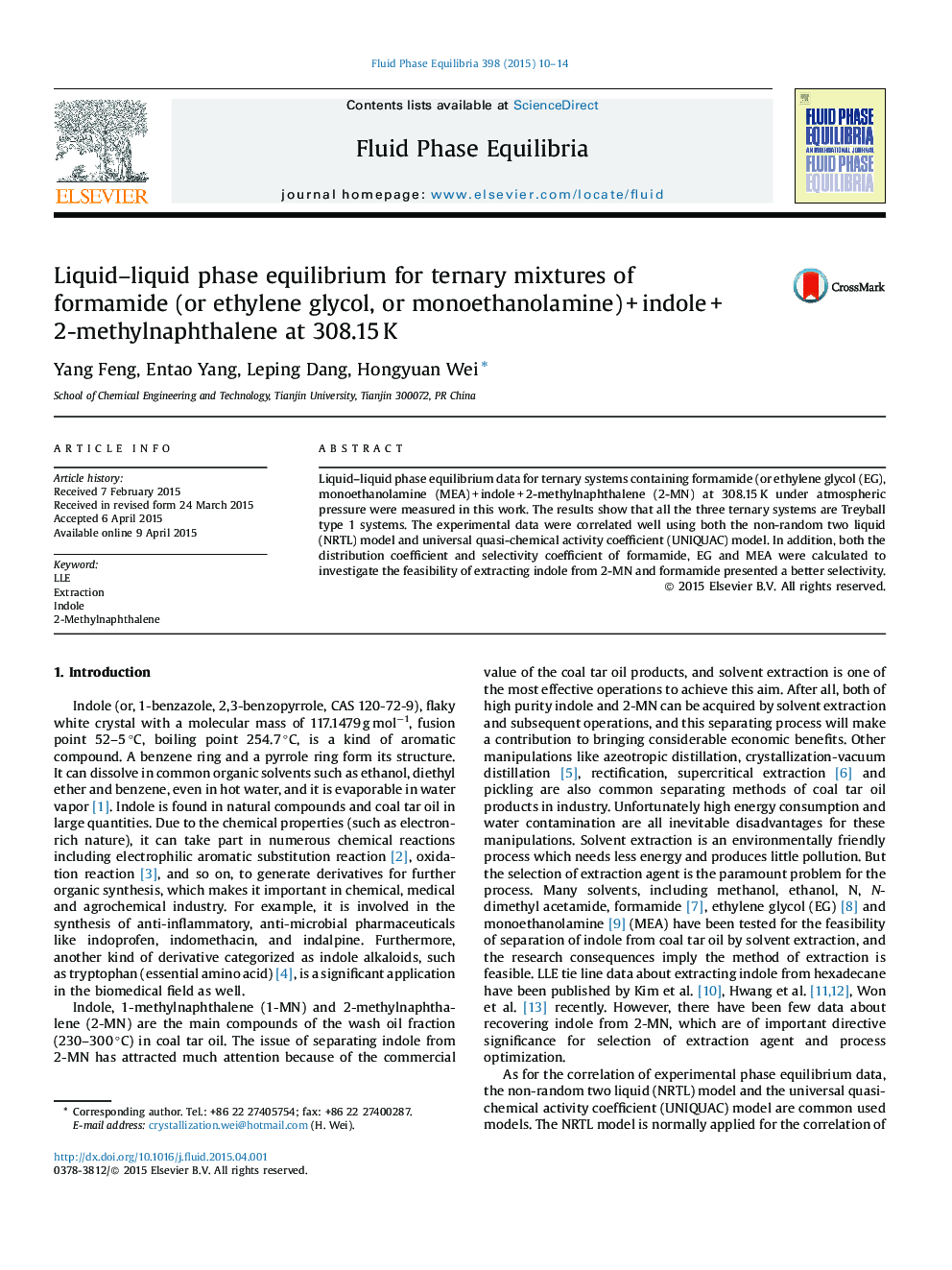 Liquid–liquid phase equilibrium for ternary mixtures of formamide (or ethylene glycol, or monoethanolamine) + indole + 2-methylnaphthalene at 308.15 K