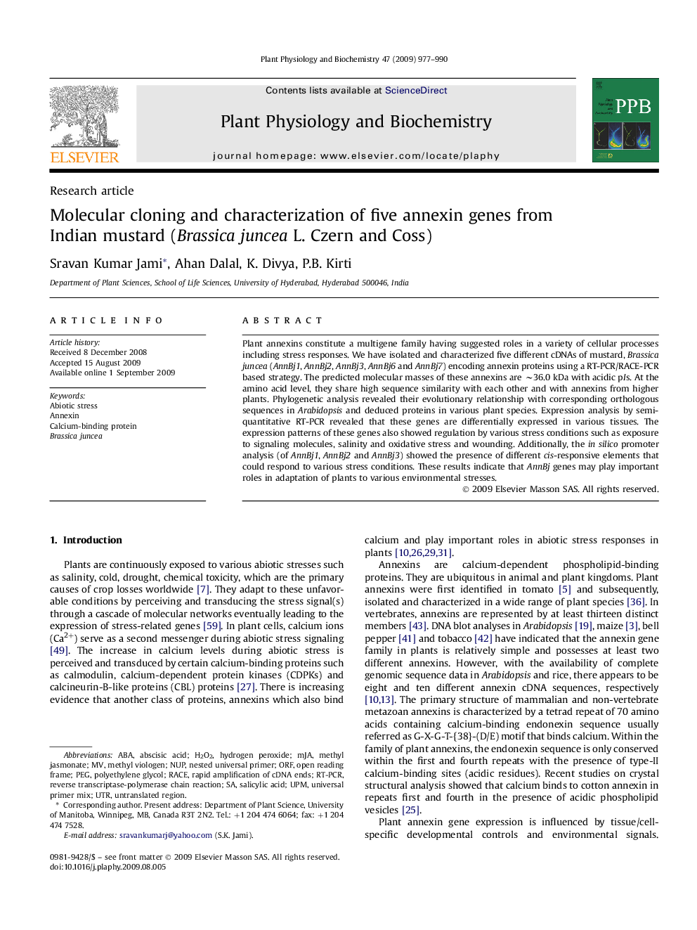 Molecular cloning and characterization of five annexin genes from Indian mustard (Brassica juncea L. Czern and Coss)