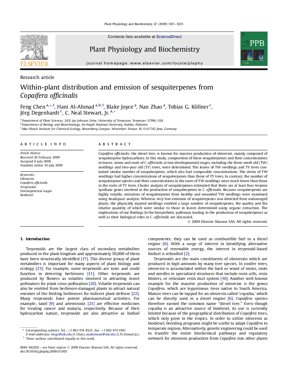 Within-plant distribution and emission of sesquiterpenes from Copaifera officinalis