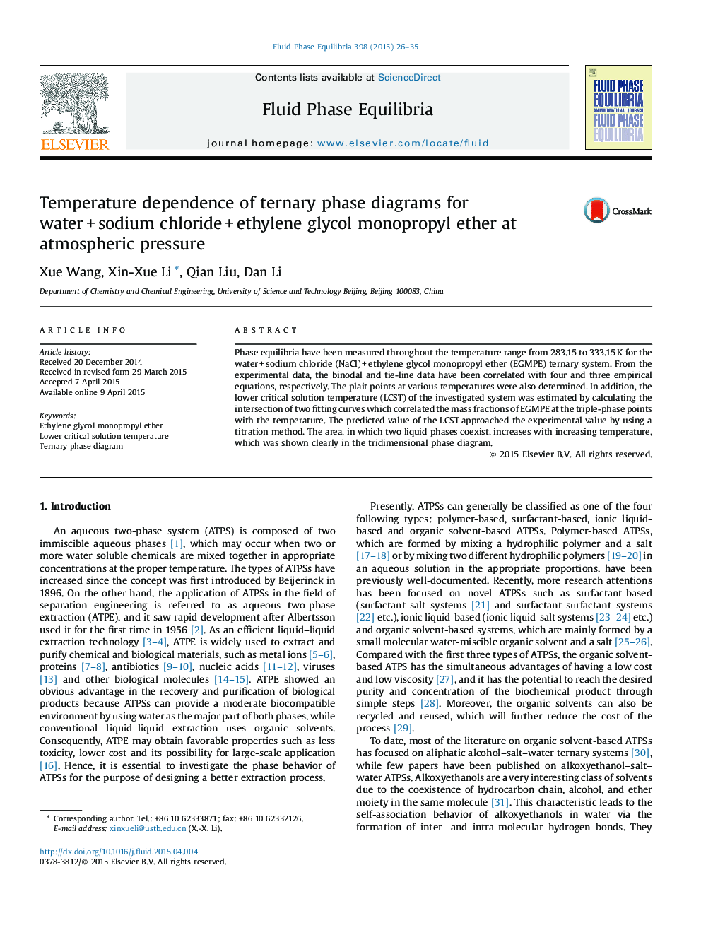 Temperature dependence of ternary phase diagrams for water + sodium chloride + ethylene glycol monopropyl ether at atmospheric pressure