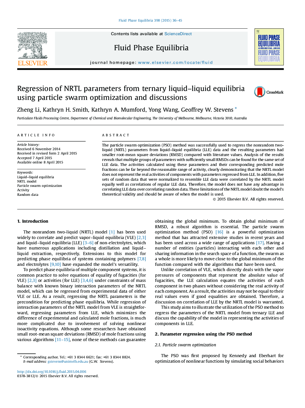 Regression of NRTL parameters from ternary liquid–liquid equilibria using particle swarm optimization and discussions