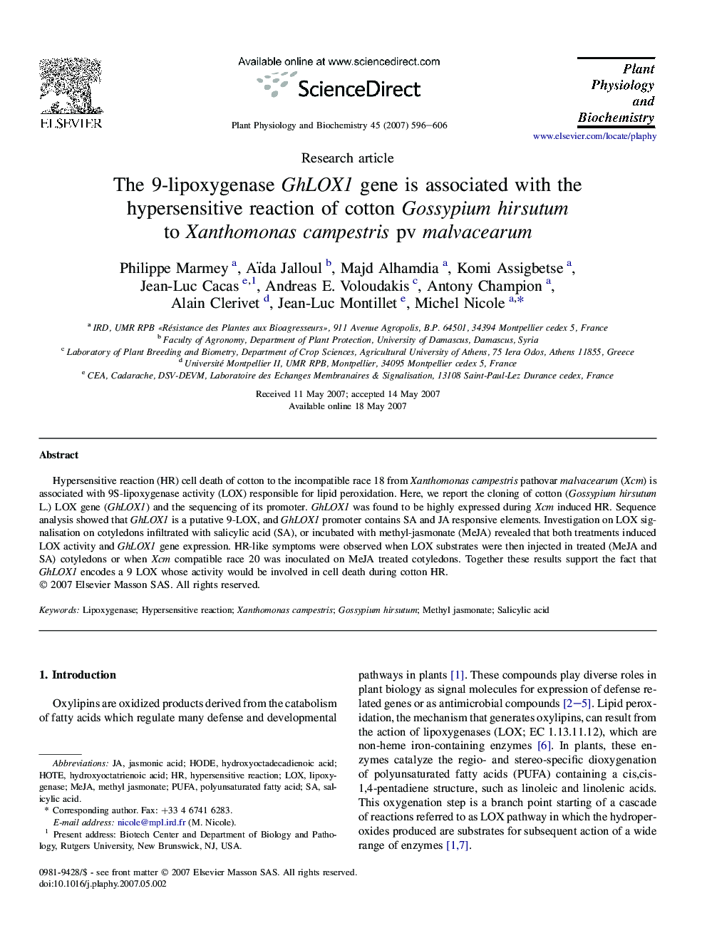 The 9-lipoxygenase GhLOX1 gene is associated with the hypersensitive reaction of cotton Gossypium hirsutum to Xanthomonas campestris pv malvacearum