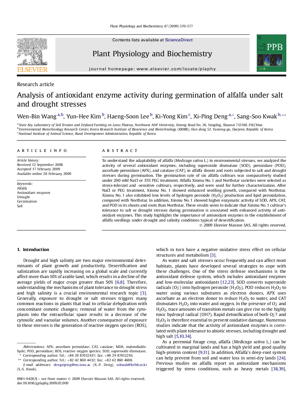 Analysis of antioxidant enzyme activity during germination of alfalfa under salt and drought stresses