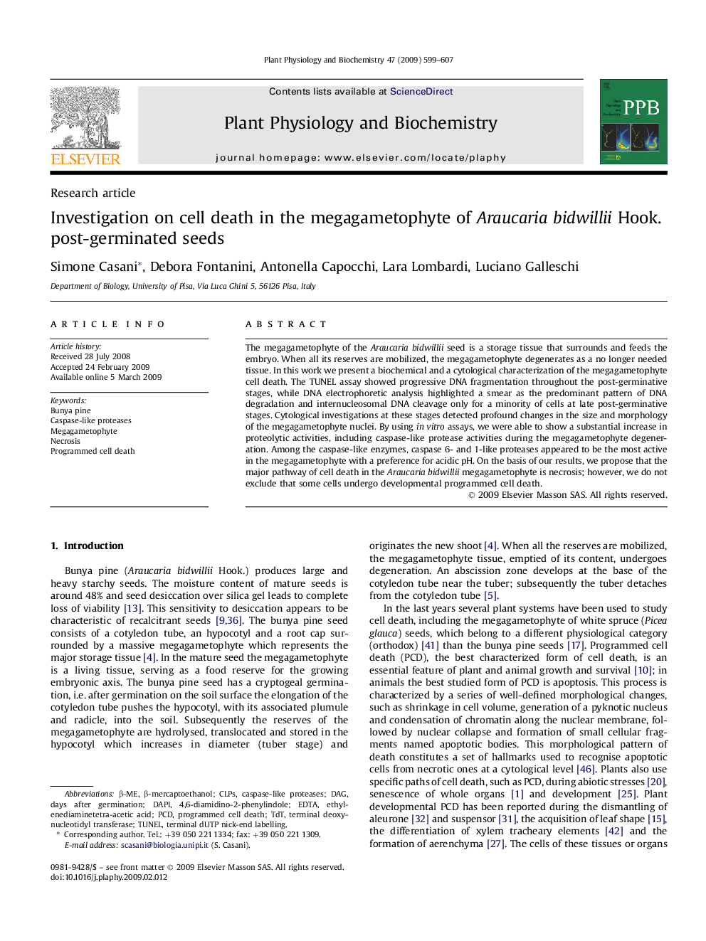 Investigation on cell death in the megagametophyte of Araucaria bidwillii Hook. post-germinated seeds