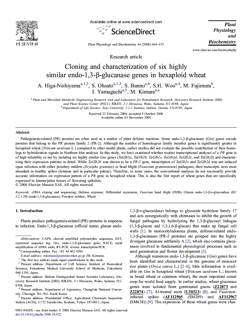 Cloning and characterization of six highly similar endo-1,3-β-glucanase genes in hexaploid wheat