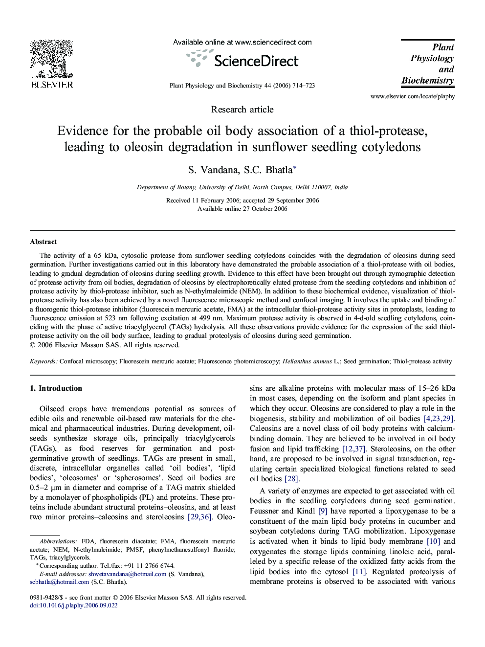 Evidence forÂ theÂ probable oil body association ofÂ aÂ thiol-protease, leading toÂ oleosin degradation inÂ sunflower seedling cotyledons