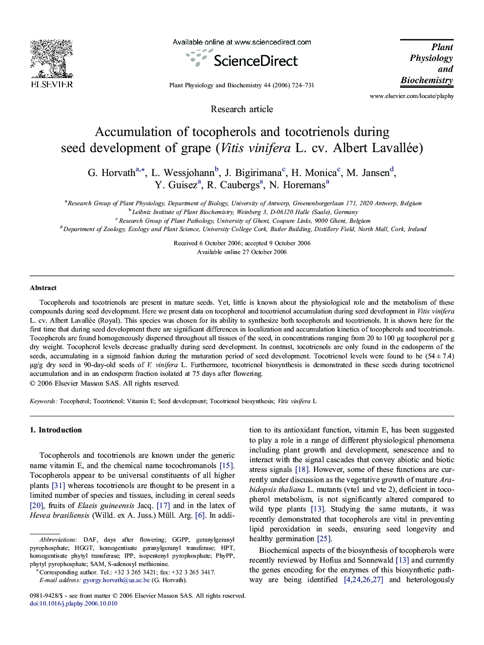 Accumulation of tocopherols and tocotrienols during seed development of grape (Vitis vinifera L. cv. Albert Lavallée)