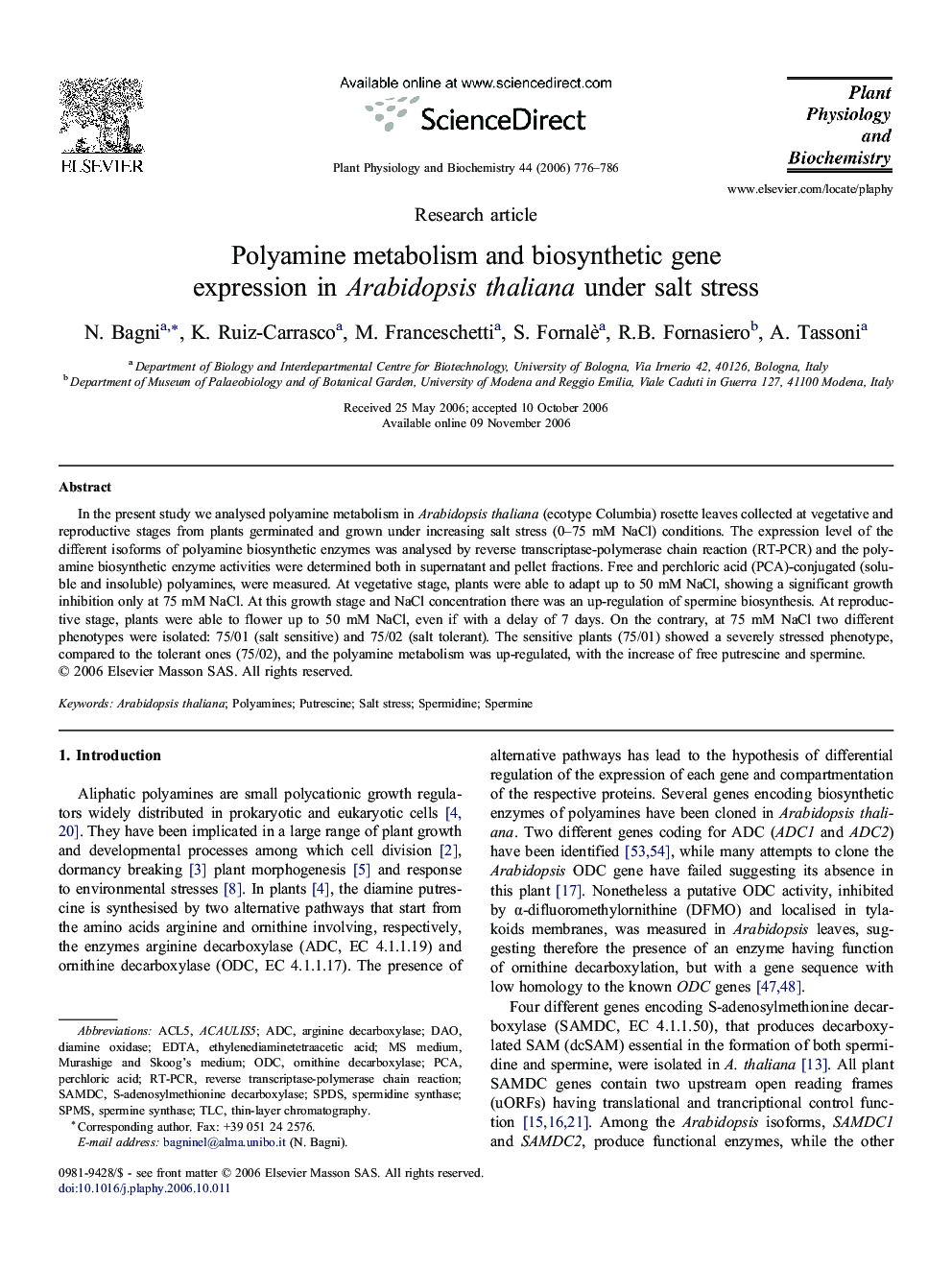 Polyamine metabolism and biosynthetic gene expression in Arabidopsis thaliana under salt stress