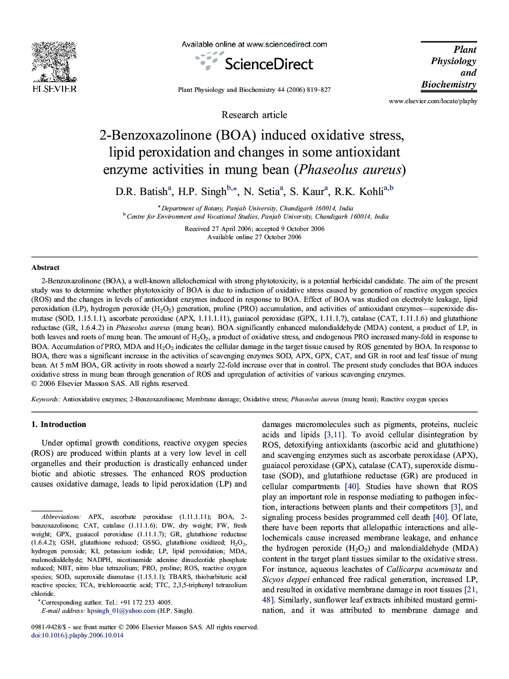 2-Benzoxazolinone (BOA) induced oxidative stress, lipid peroxidation and changes in some antioxidant enzyme activities in mung bean (Phaseolus aureus)