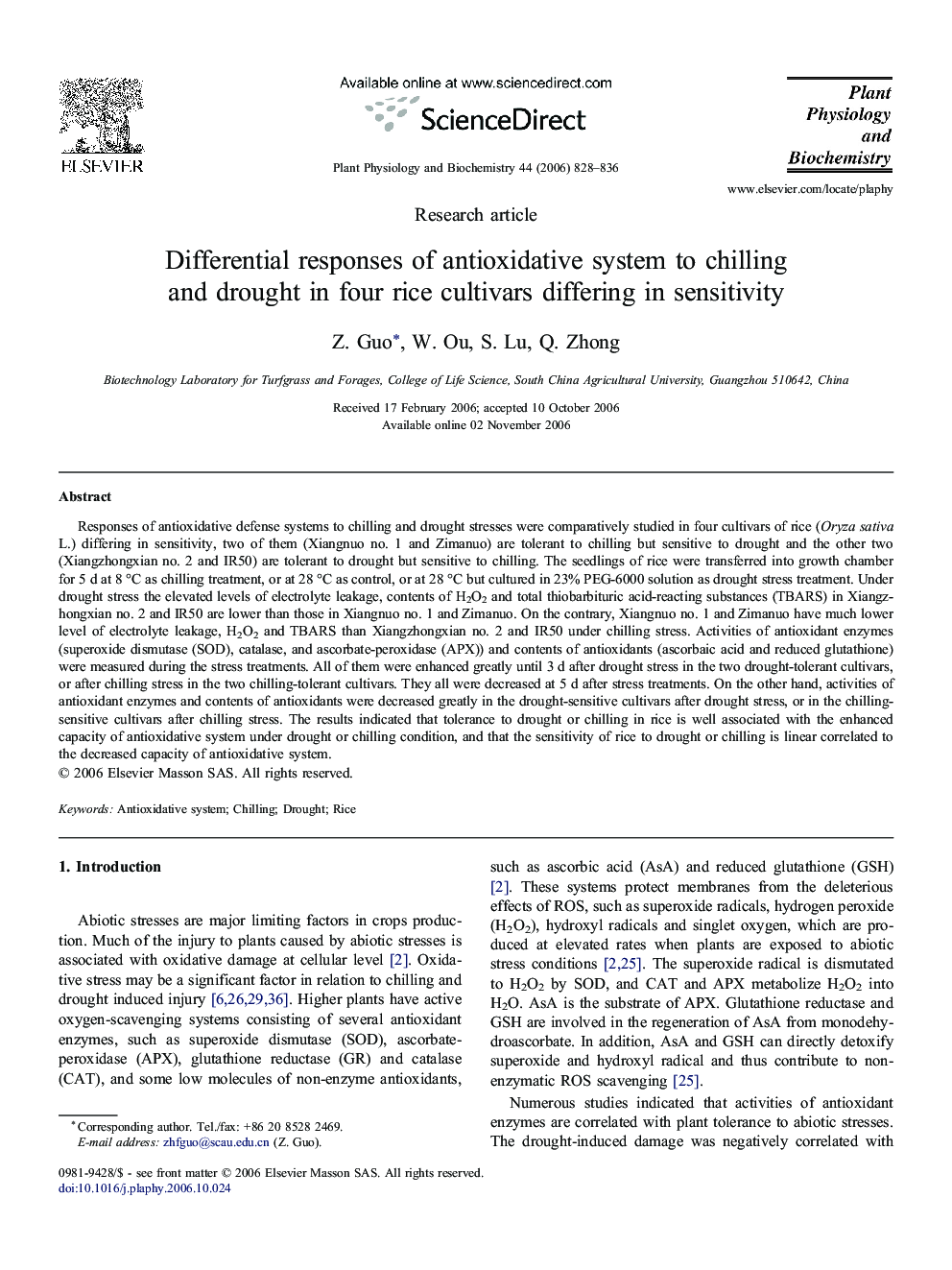 Differential responses of antioxidative system to chilling and drought in four rice cultivars differing in sensitivity