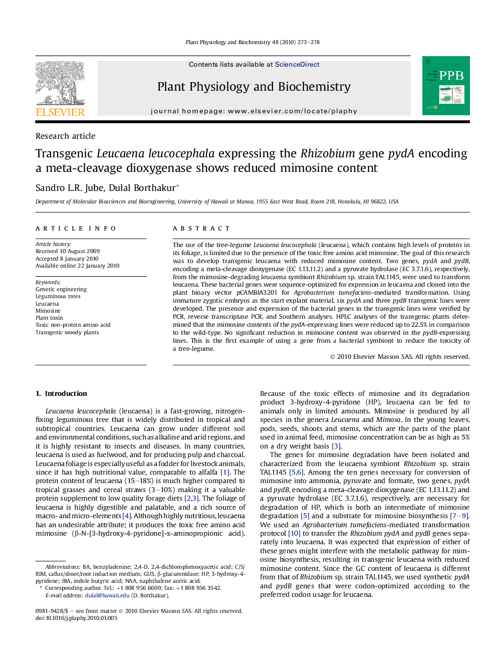 Transgenic Leucaena leucocephala expressing the Rhizobium gene pydA encoding a meta-cleavage dioxygenase shows reduced mimosine content