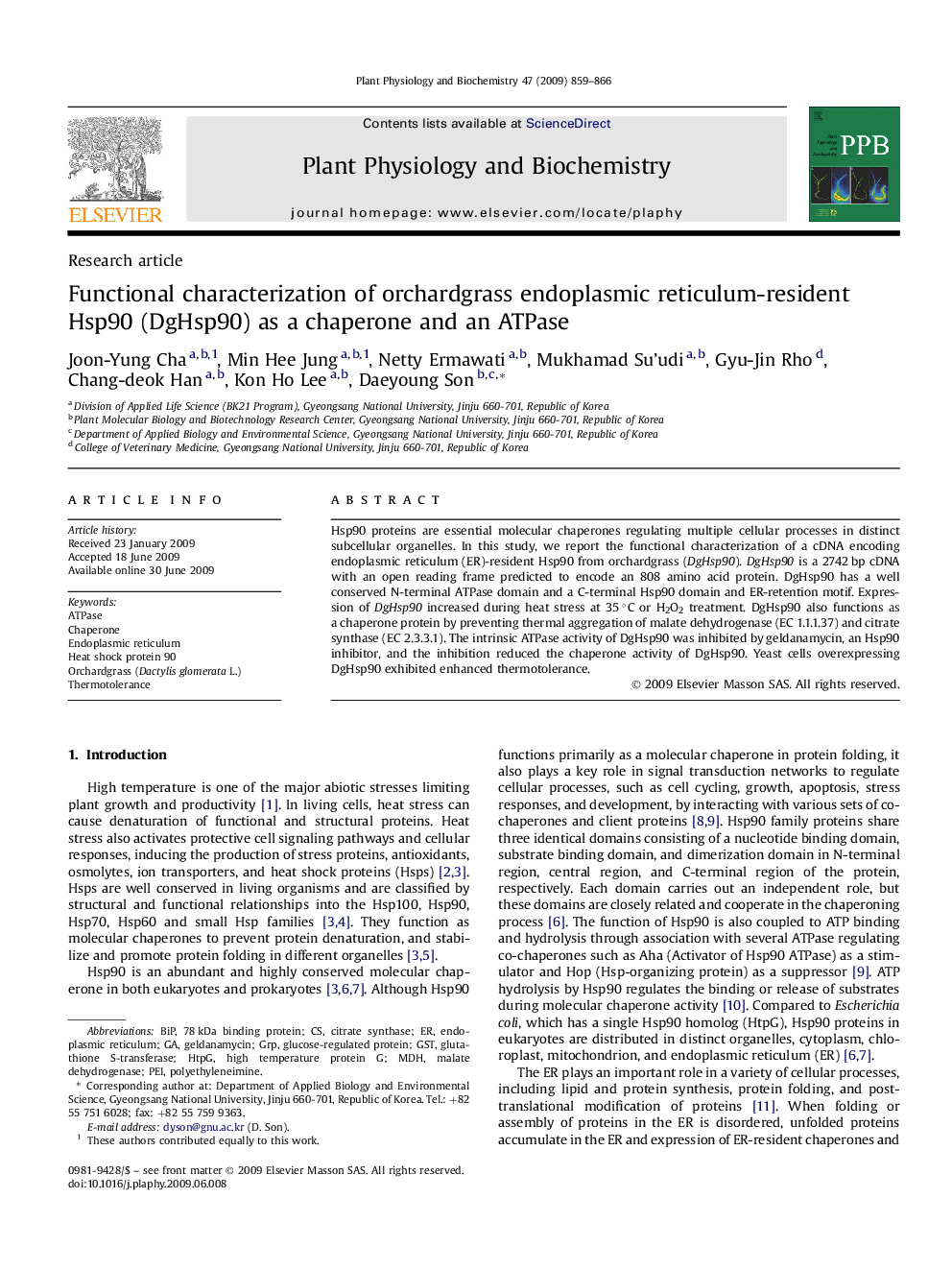 Functional characterization of orchardgrass endoplasmic reticulum-resident Hsp90 (DgHsp90) as a chaperone and an ATPase