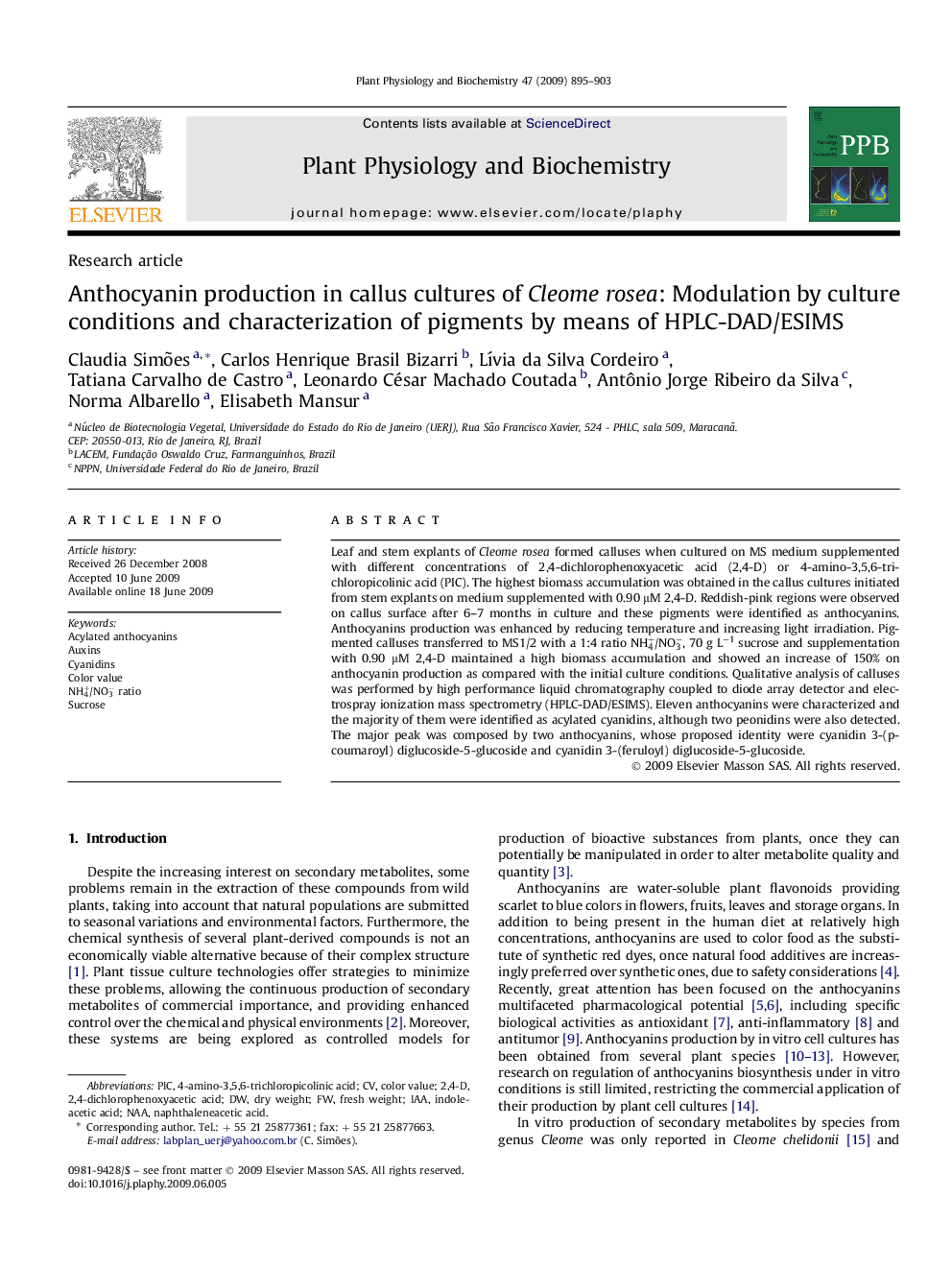 Anthocyanin production in callus cultures of Cleome rosea: Modulation by culture conditions and characterization of pigments by means of HPLC-DAD/ESIMS