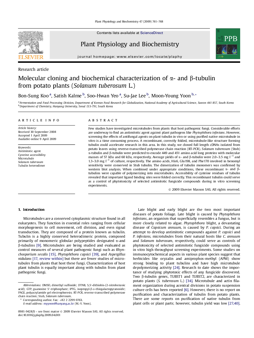 Molecular cloning and biochemical characterization of α- and β-tubulin from potato plants (Solanum tuberosum L.)