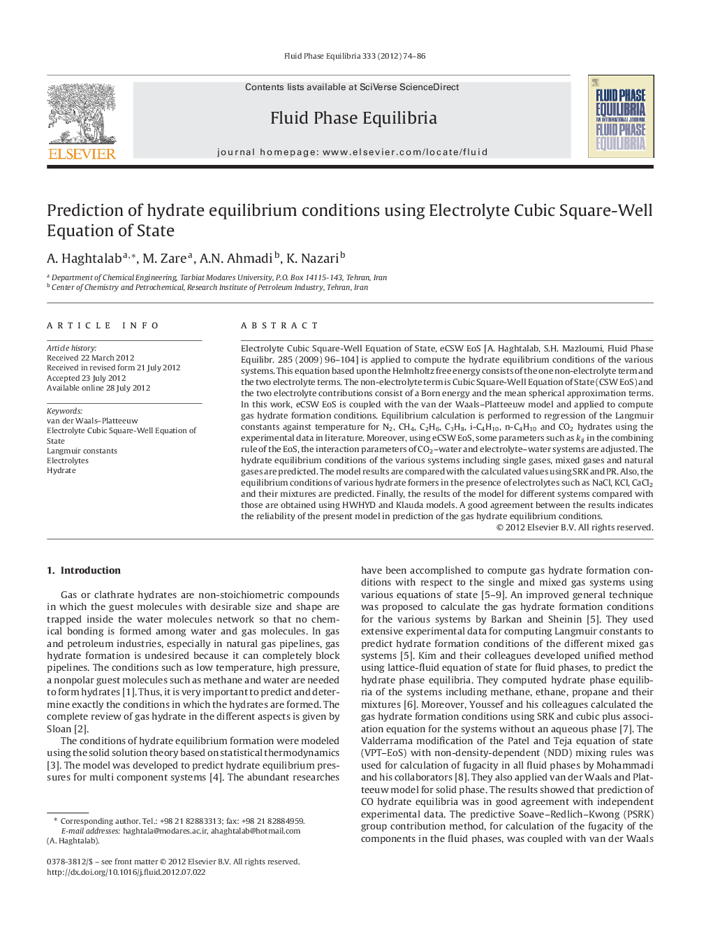 Prediction of hydrate equilibrium conditions using Electrolyte Cubic Square-Well Equation of State