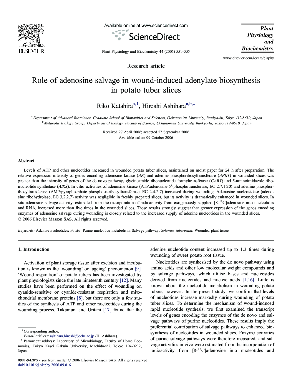 Role ofÂ adenosine salvage inÂ wound-induced adenylate biosynthesis inÂ potato tuber slices