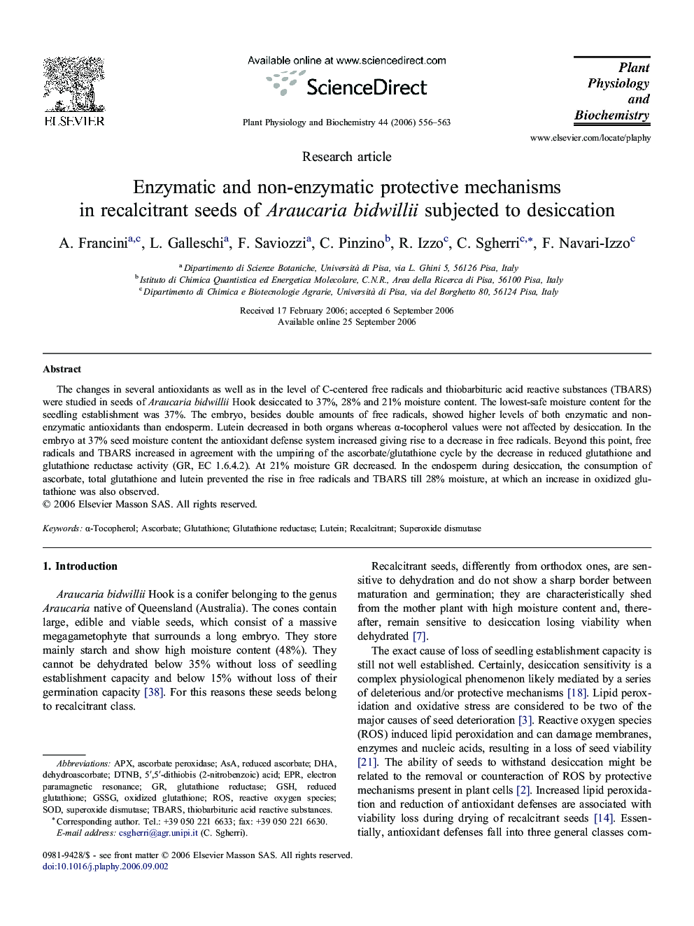 Enzymatic and non-enzymatic protective mechanisms in recalcitrant seeds of Araucaria bidwillii subjected to desiccation