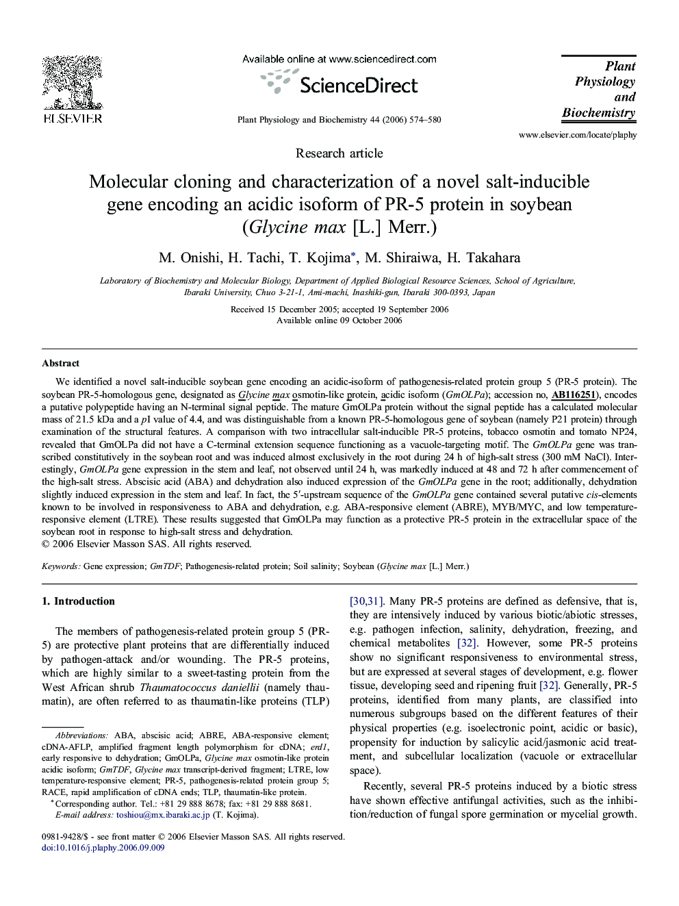 Molecular cloning and characterization of a novel salt-inducible gene encoding an acidic isoform of PR-5 protein in soybean (Glycine max [L.] Merr.)