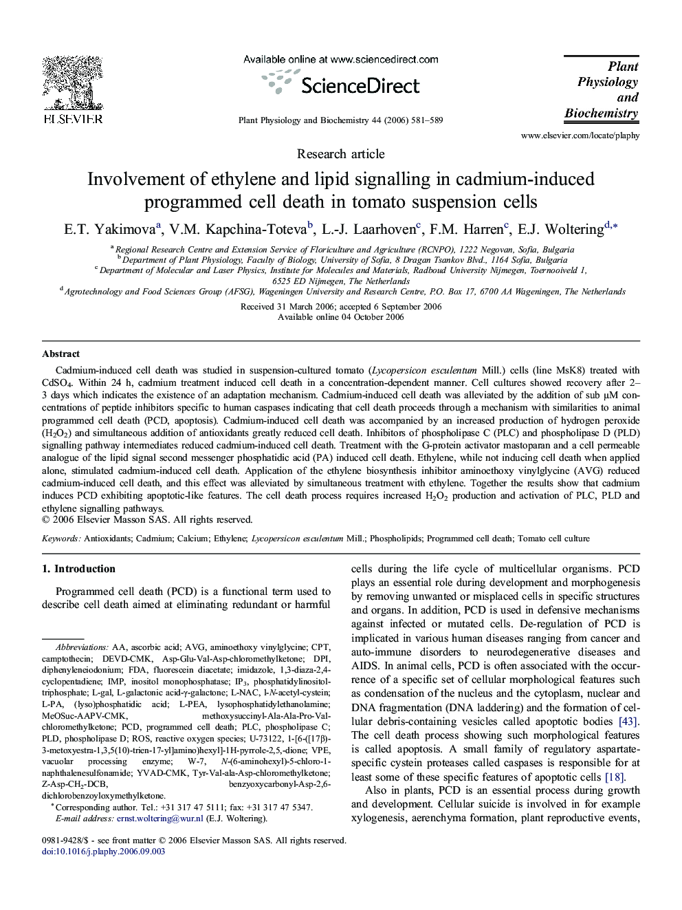 Involvement of ethylene and lipid signalling in cadmium-induced programmed cell death in tomato suspension cells