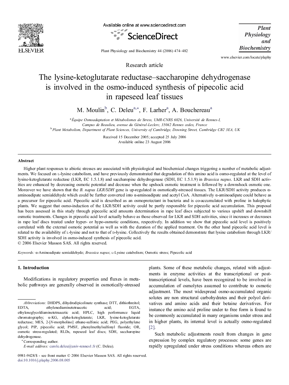 The lysine-ketoglutarate reductase–saccharopine dehydrogenase is involved in the osmo-induced synthesis of pipecolic acid in rapeseed leaf tissues