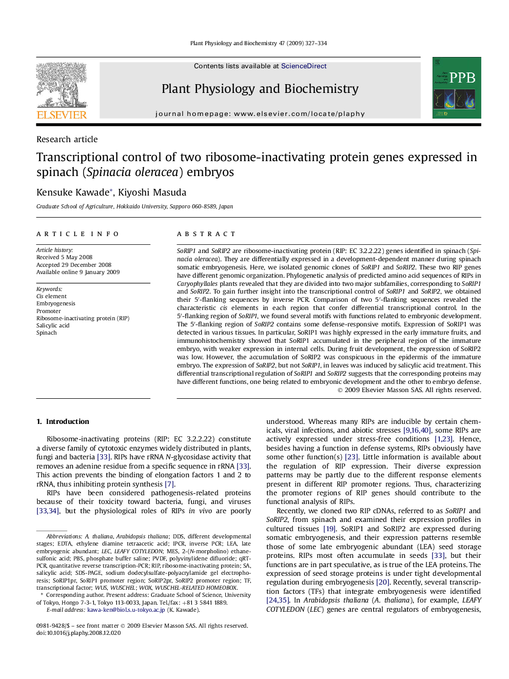 Transcriptional control of two ribosome-inactivating protein genes expressed in spinach (Spinacia oleracea) embryos