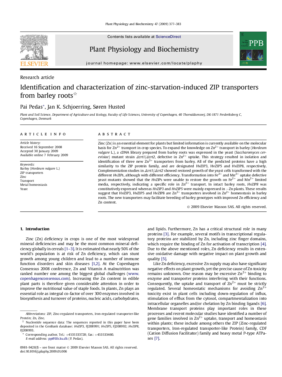 Identification and characterization of zinc-starvation-induced ZIP transporters from barley roots 