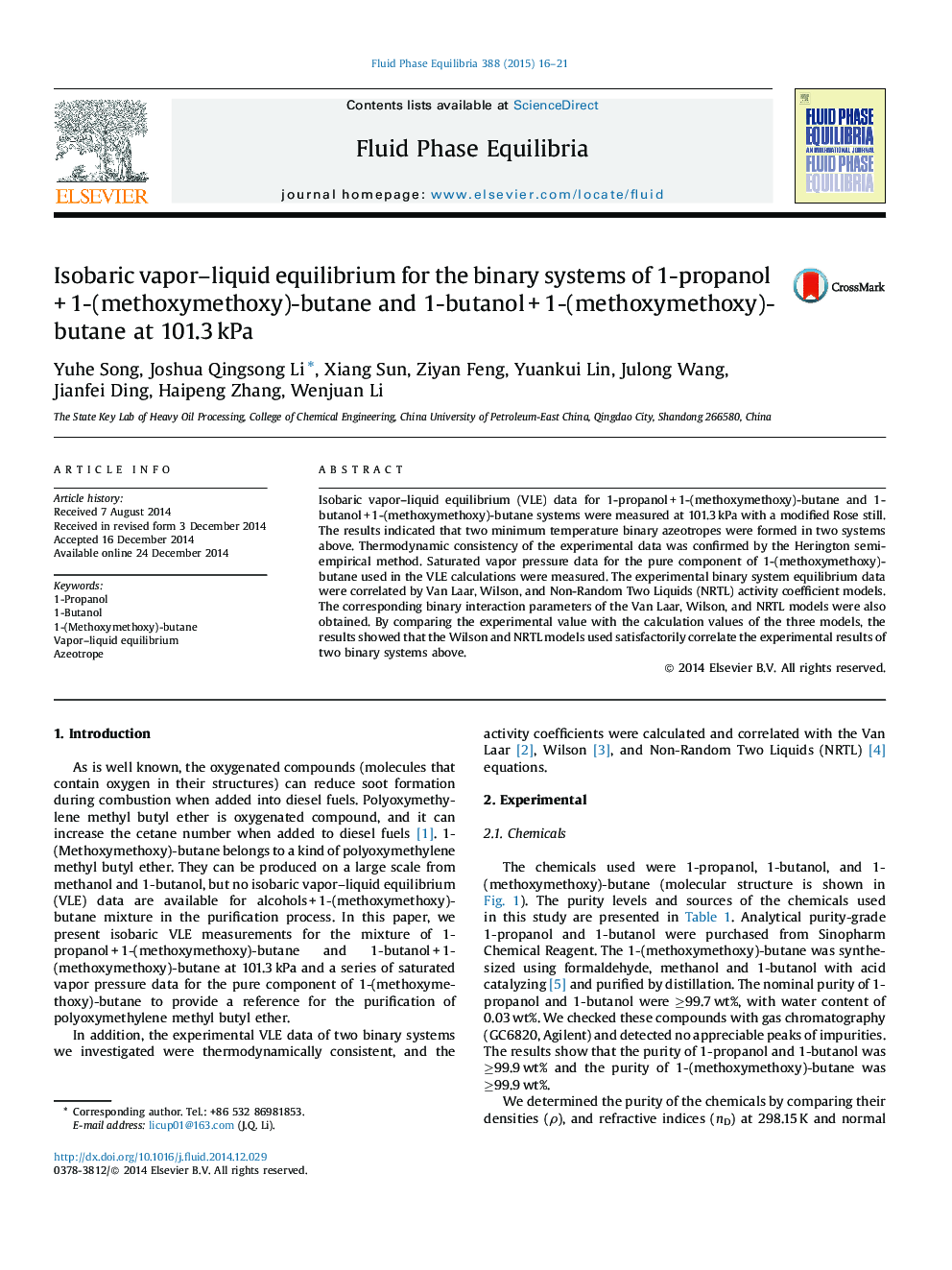عکس صفحه اول مقاله: Isobaric vapor–liquid equilibrium for the binary systems of 1-propanol + 1-(methoxymethoxy)-butane and 1-butanol + 1-(methoxymethoxy)-butane at 101.3 kPa Isobaric vapor–liquid equilibrium for the binary systems of 1-propanol + 1-(methoxymethoxy)-butane and 1-butanol + 1-(methoxymethoxy)-butane at 101.3 kPa