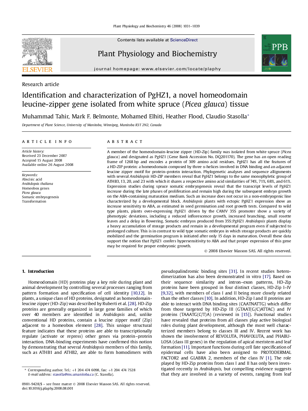 Identification and characterization of PgHZ1, a novel homeodomain leucine-zipper gene isolated from white spruce (Picea glauca) tissue