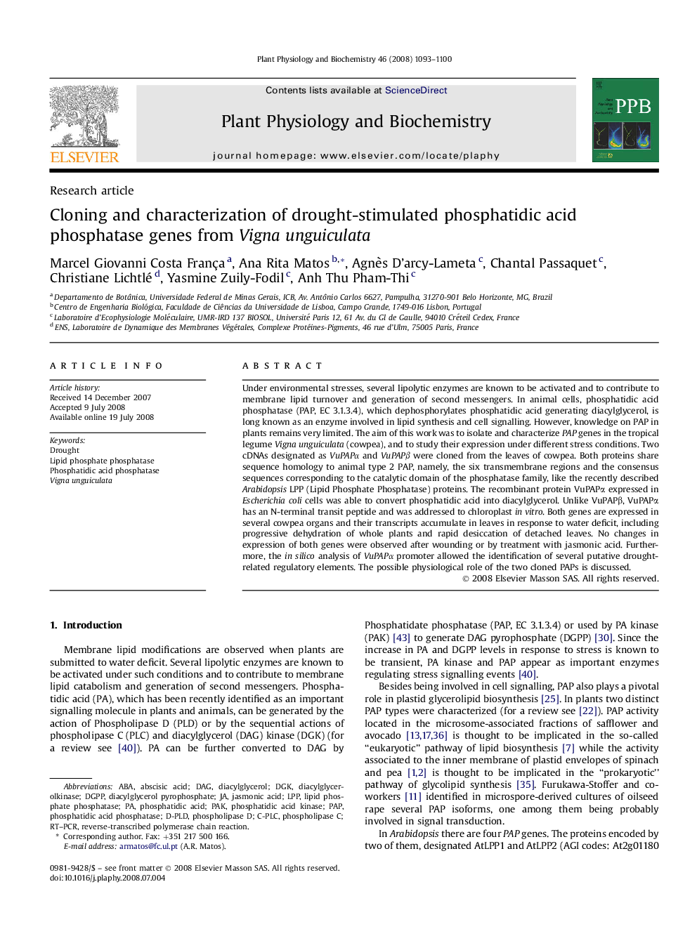 Cloning and characterization of drought-stimulated phosphatidic acid phosphatase genes from Vigna unguiculata