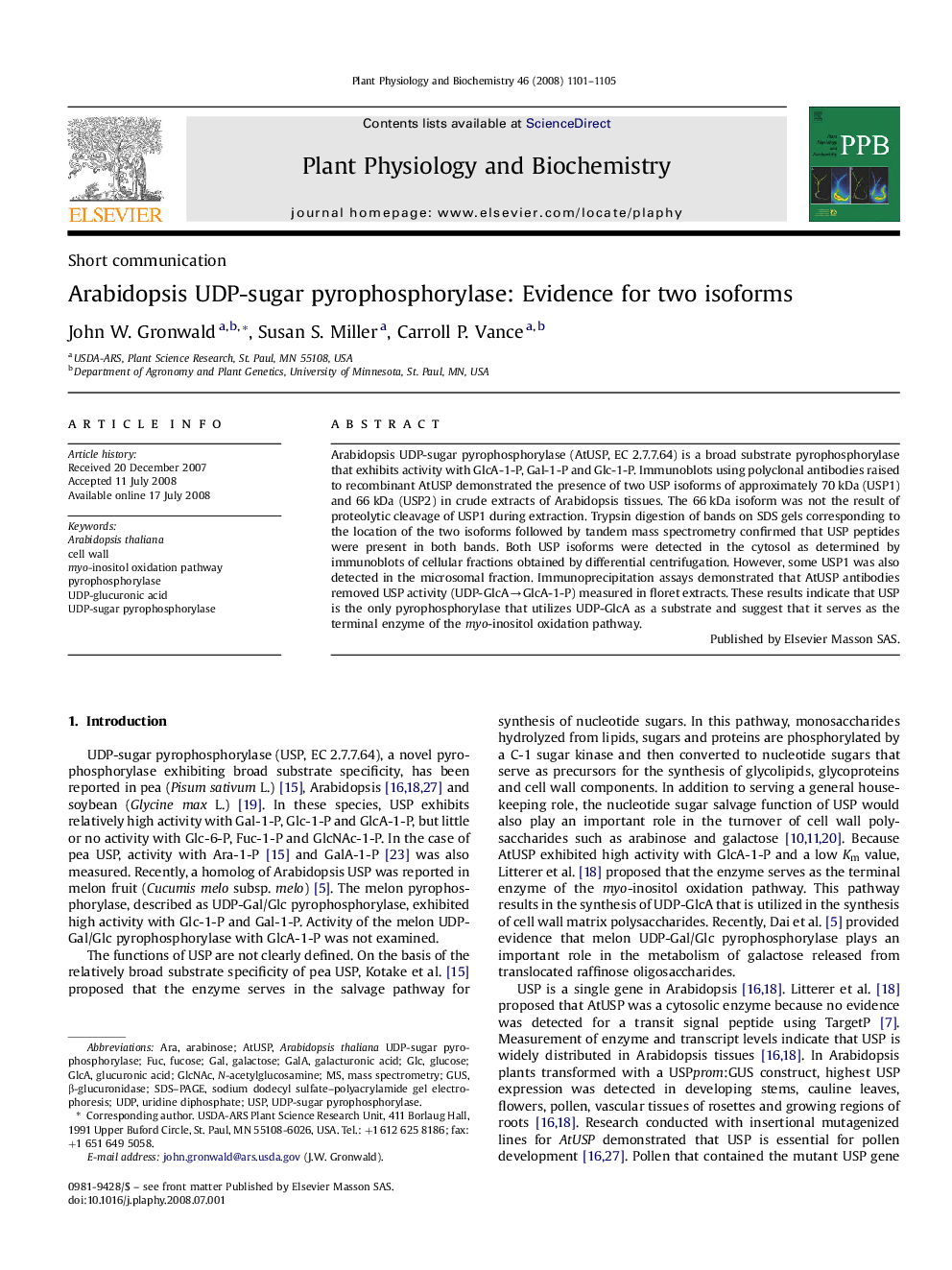 Arabidopsis UDP-sugar pyrophosphorylase: Evidence for two isoforms