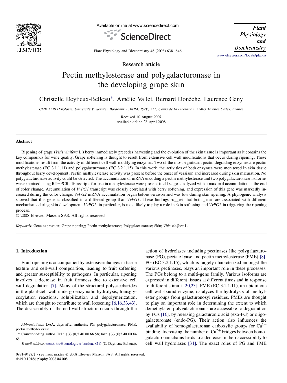 Pectin methylesterase and polygalacturonase in the developing grape skin