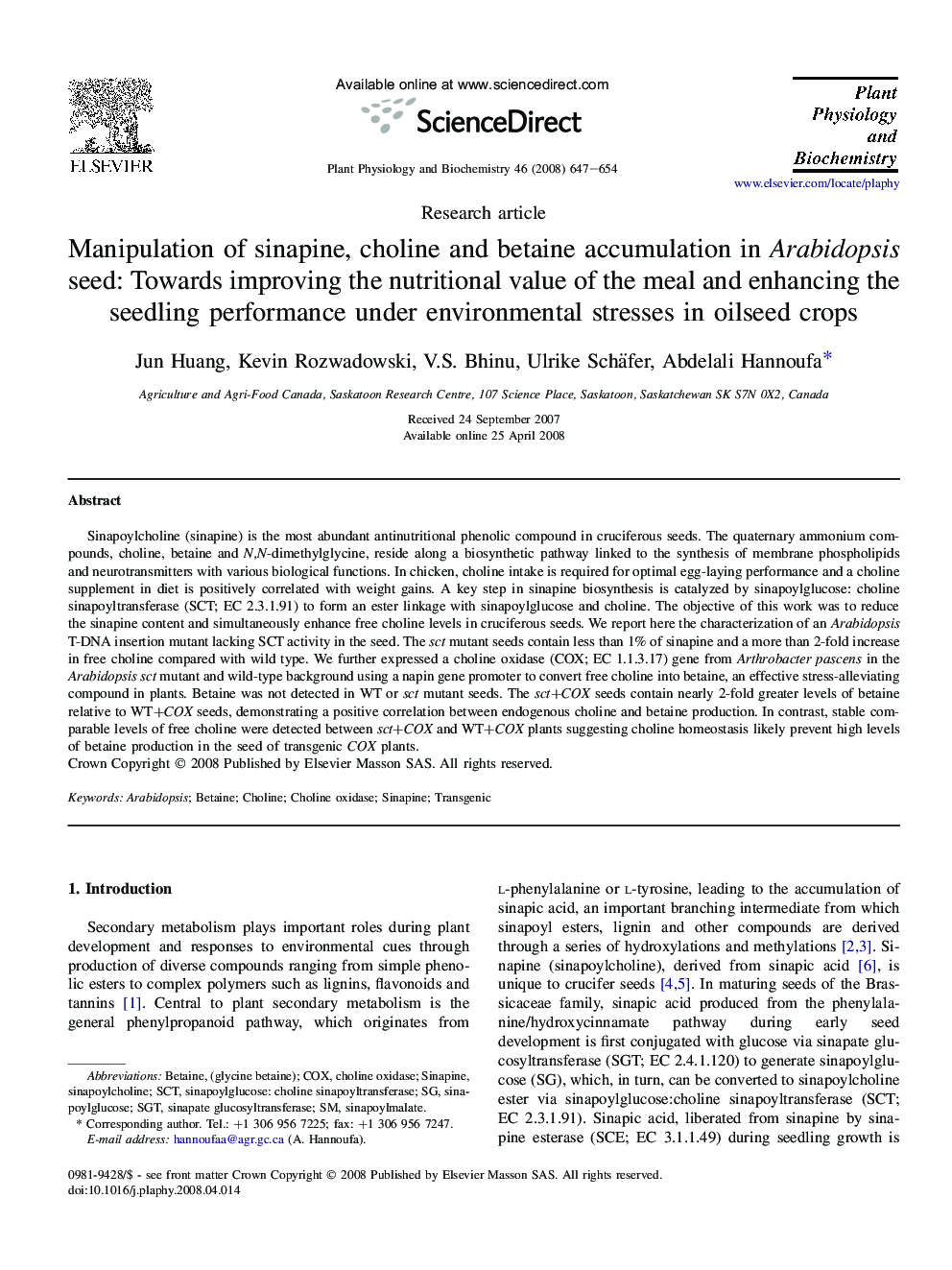 Manipulation of sinapine, choline and betaine accumulation in Arabidopsis seed: Towards improving the nutritional value of the meal and enhancing the seedling performance under environmental stresses in oilseed crops