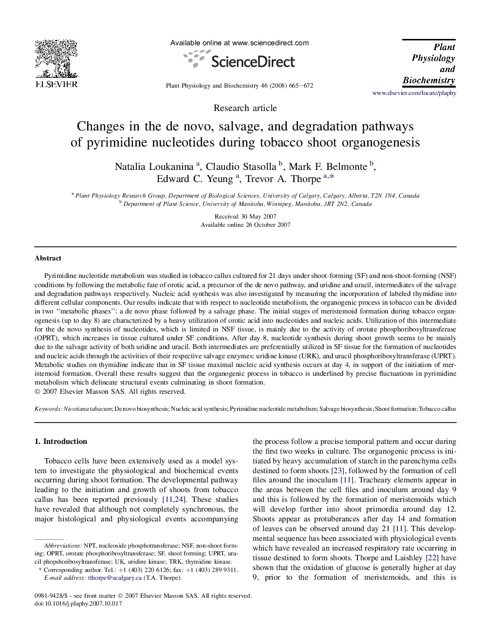 Changes in the de novo, salvage, and degradation pathways of pyrimidine nucleotides during tobacco shoot organogenesis