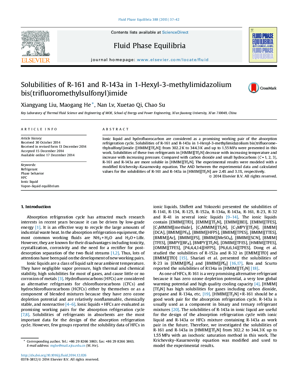 Solubilities of R-161 and R-143a in 1-Hexyl-3-methylimidazolium bis(trifluoromethylsulfonyl)imide