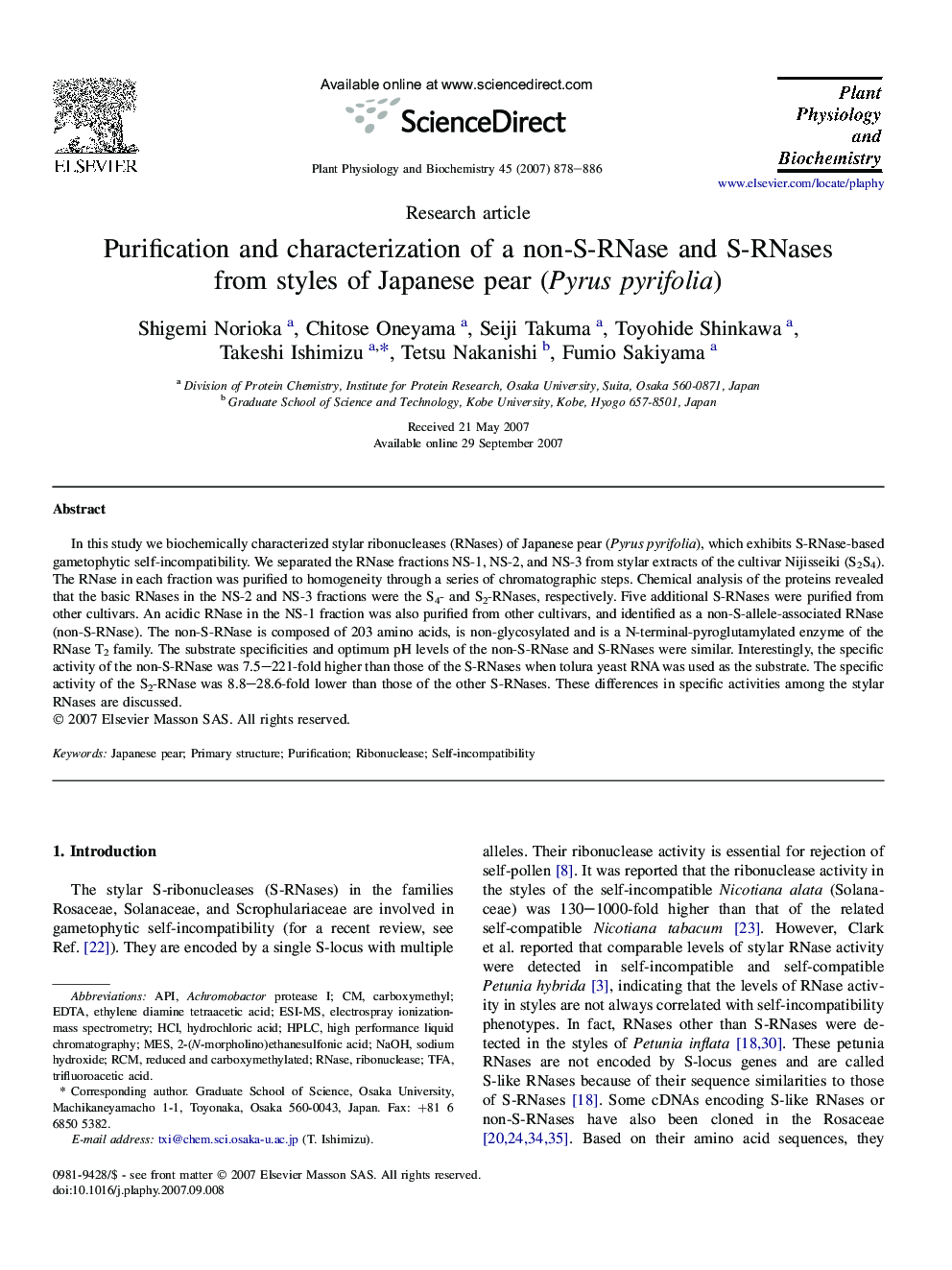 Purification and characterization of a non-S-RNase and S-RNases from styles of Japanese pear (Pyrus pyrifolia)