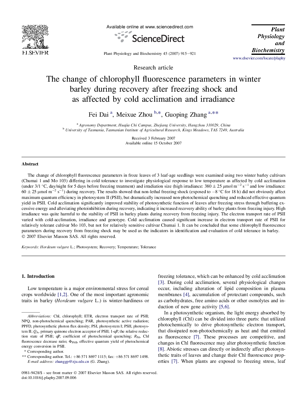 The change of chlorophyll fluorescence parameters in winter barley during recovery after freezing shock and as affected by cold acclimation and irradiance