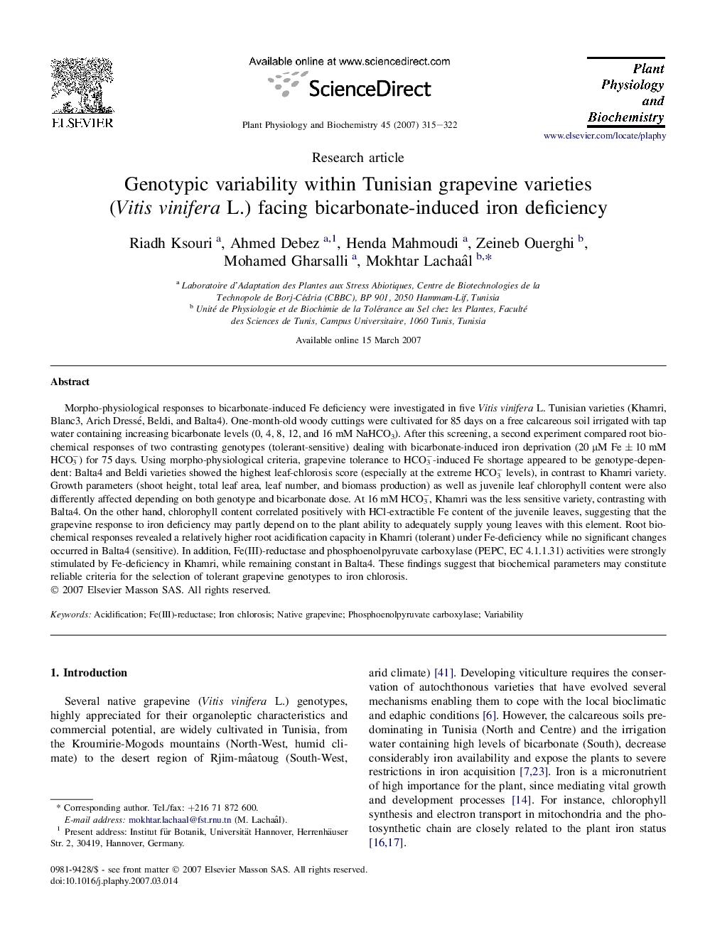 Genotypic variability within Tunisian grapevine varieties (Vitis vinifera L.) facing bicarbonate-induced iron deficiency