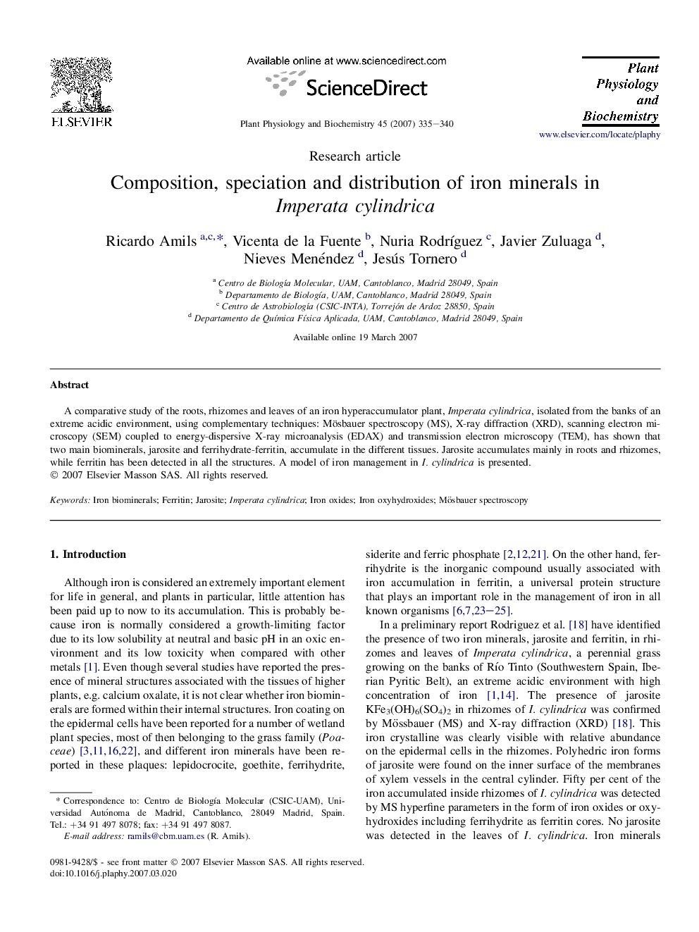 Composition, speciation and distribution of iron minerals in Imperata cylindrica