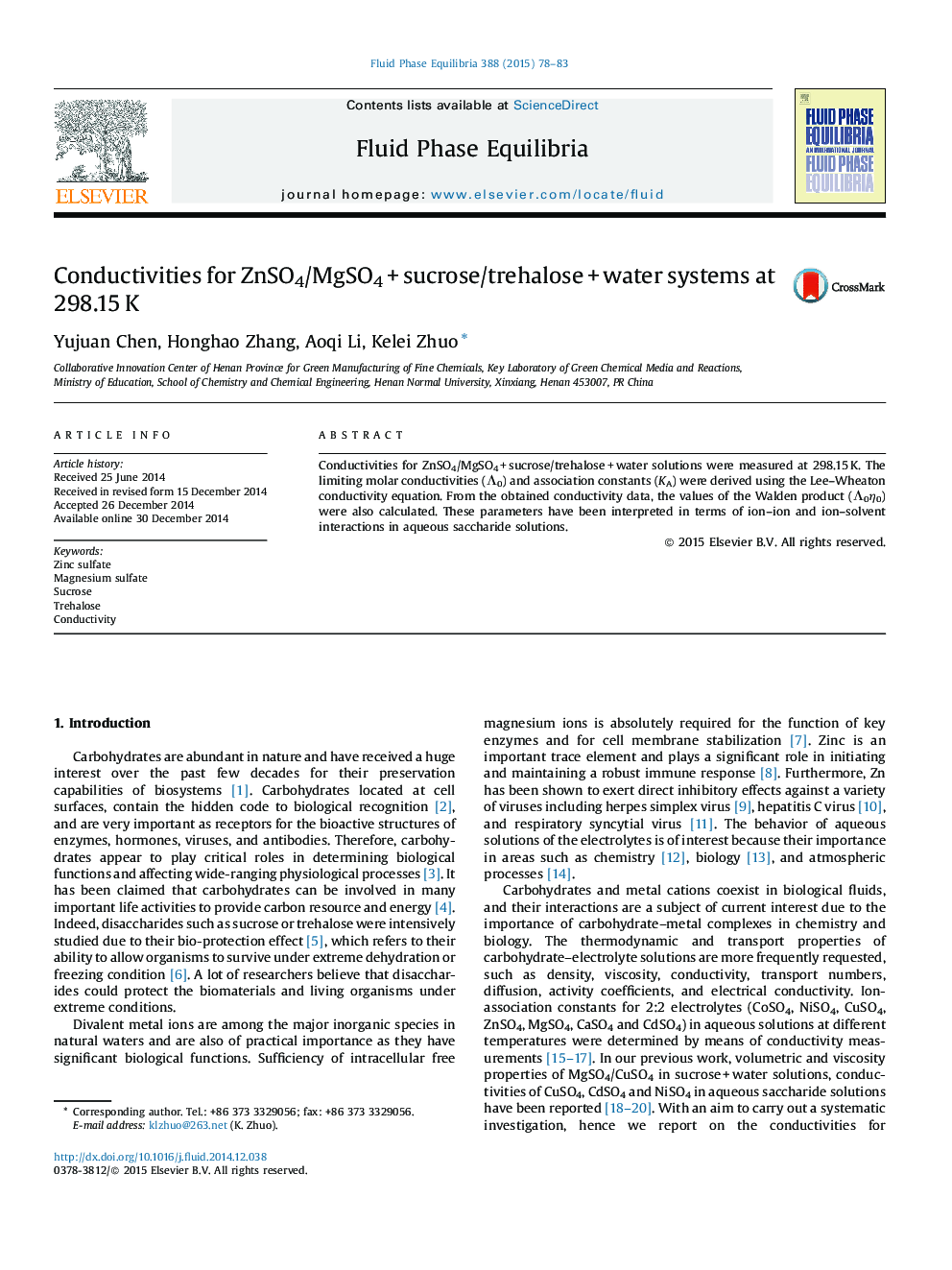 Conductivities for ZnSO4/MgSO4 + sucrose/trehalose + water systems at 298.15 K