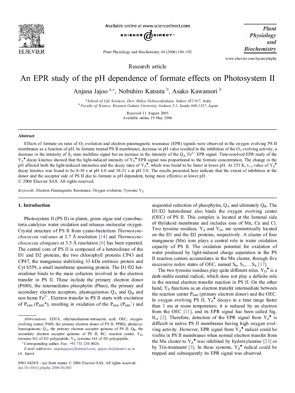 An EPR study ofÂ theÂ pH dependence ofÂ formate effects onÂ Photosystem II