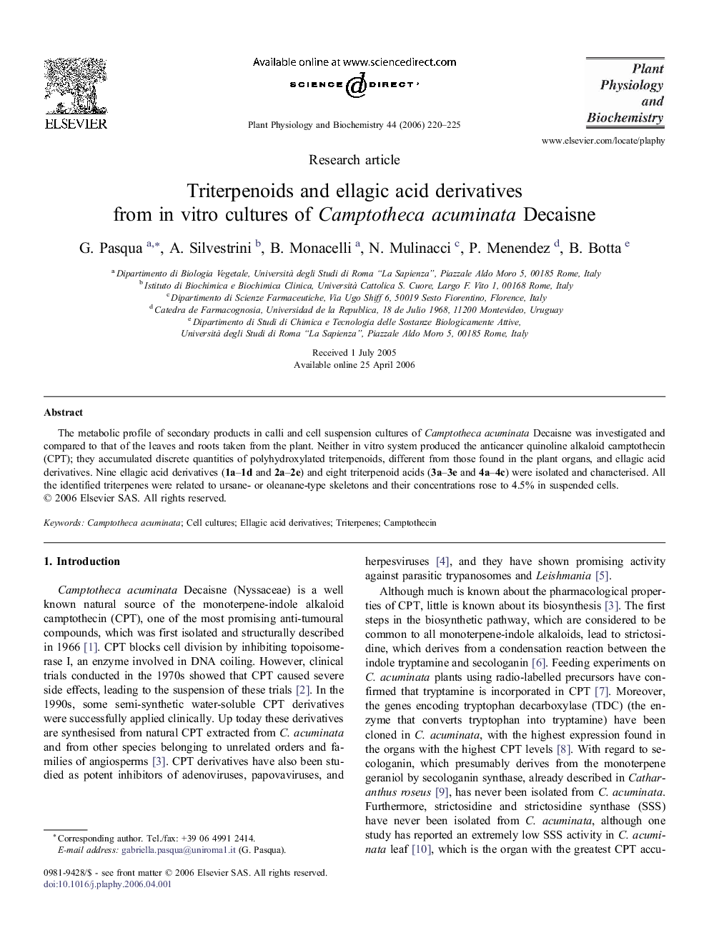 Triterpenoids and ellagic acid derivatives from in vitro cultures of Camptotheca acuminata Decaisne