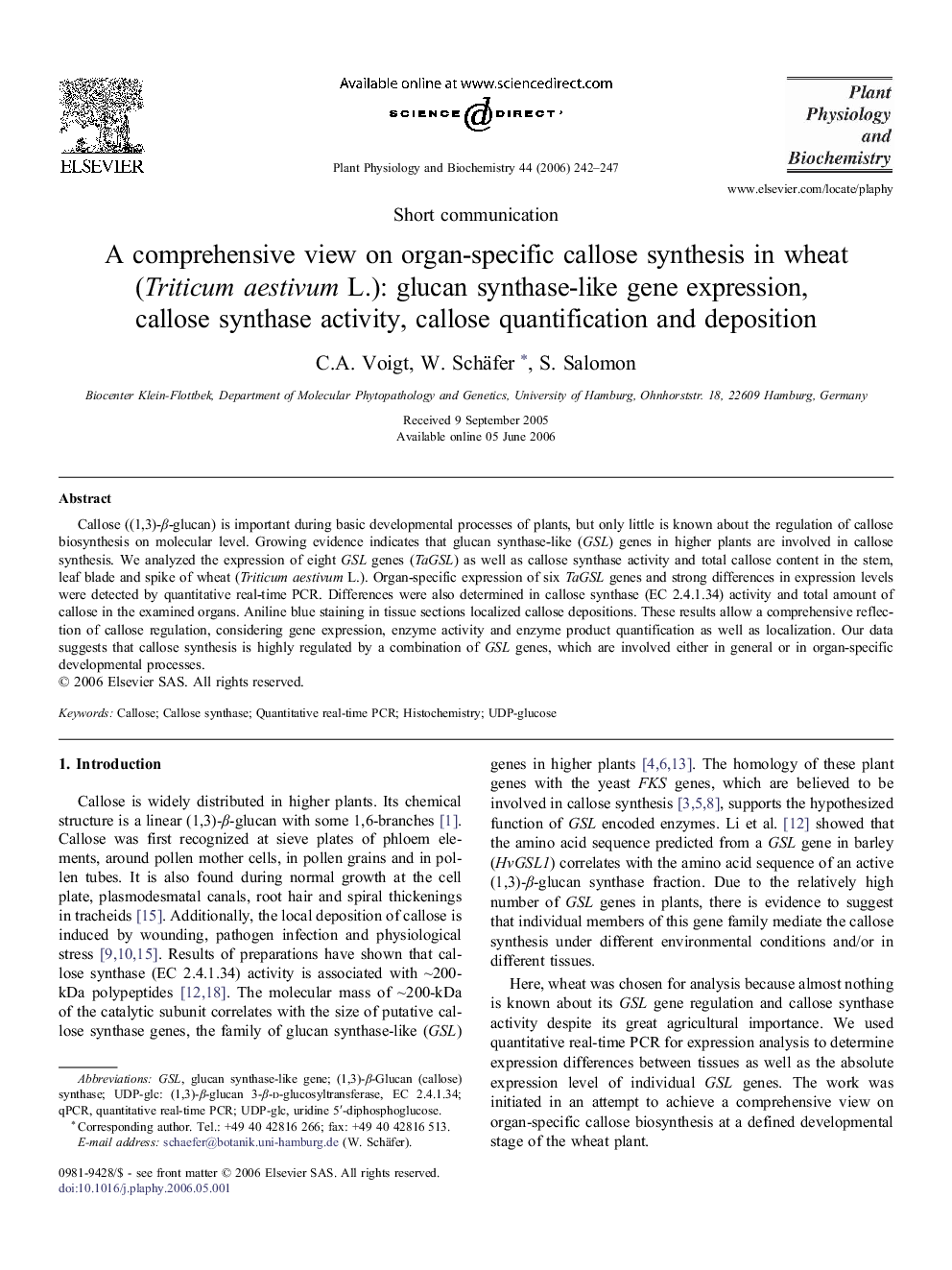 A comprehensive view onÂ organ-specific callose synthesis inÂ wheat (TriticumÂ aestivum L.): glucan synthase-like gene expression, callose synthase activity, callose quantification andÂ deposition