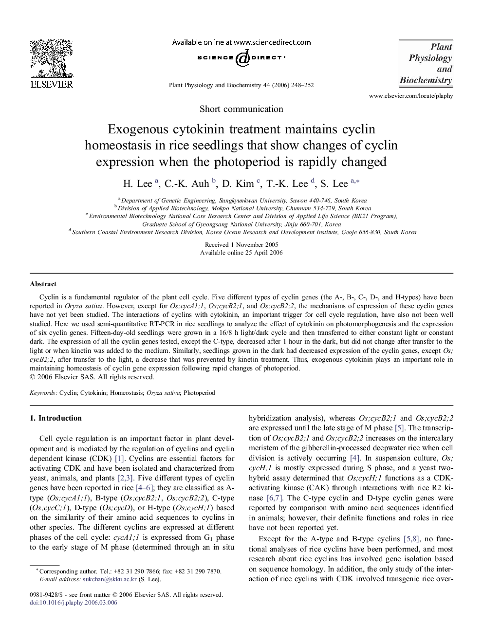 Exogenous cytokinin treatment maintains cyclin homeostasis in rice seedlings that show changes of cyclin expression when the photoperiod is rapidly changed