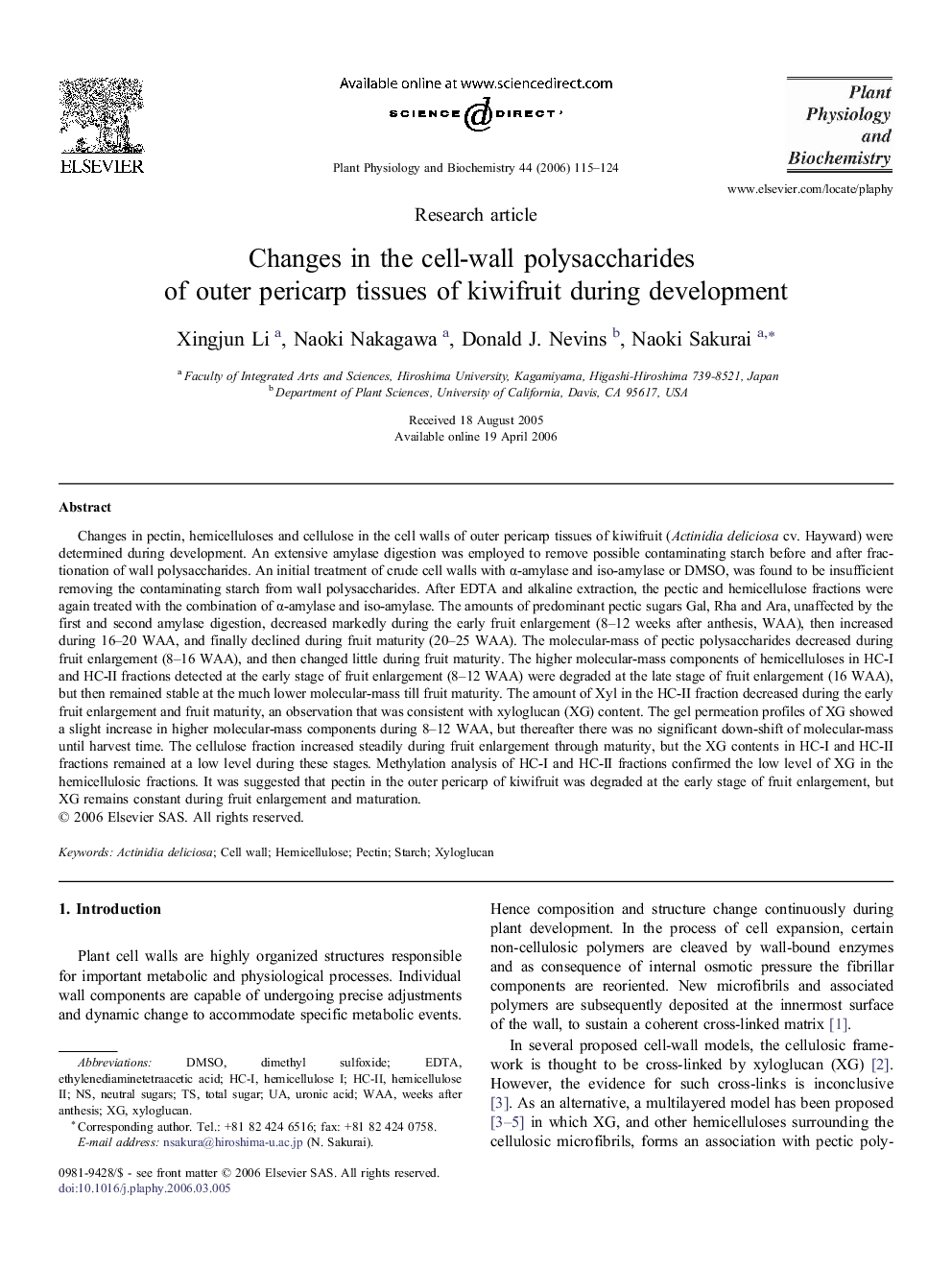 Changes in the cell-wall polysaccharides of outer pericarp tissues of kiwifruit during development