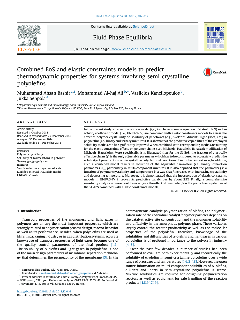 Combined EoS and elastic constraints models to predict thermodynamic properties for systems involving semi-crystalline polyolefins