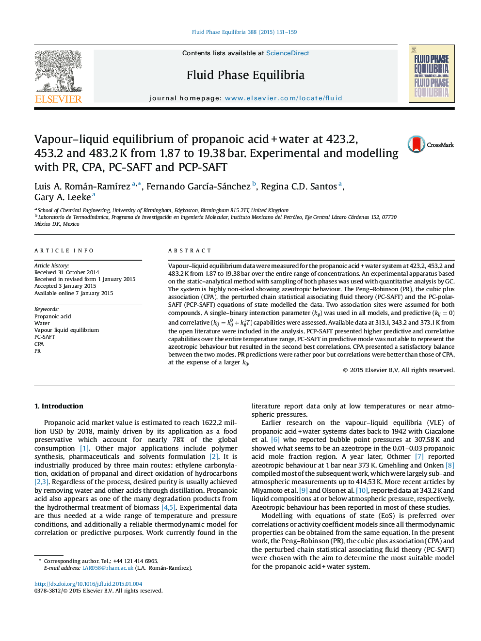 Vapour–liquid equilibrium of propanoic acid + water at 423.2, 453.2 and 483.2 K from 1.87 to 19.38 bar. Experimental and modelling with PR, CPA, PC-SAFT and PCP-SAFT