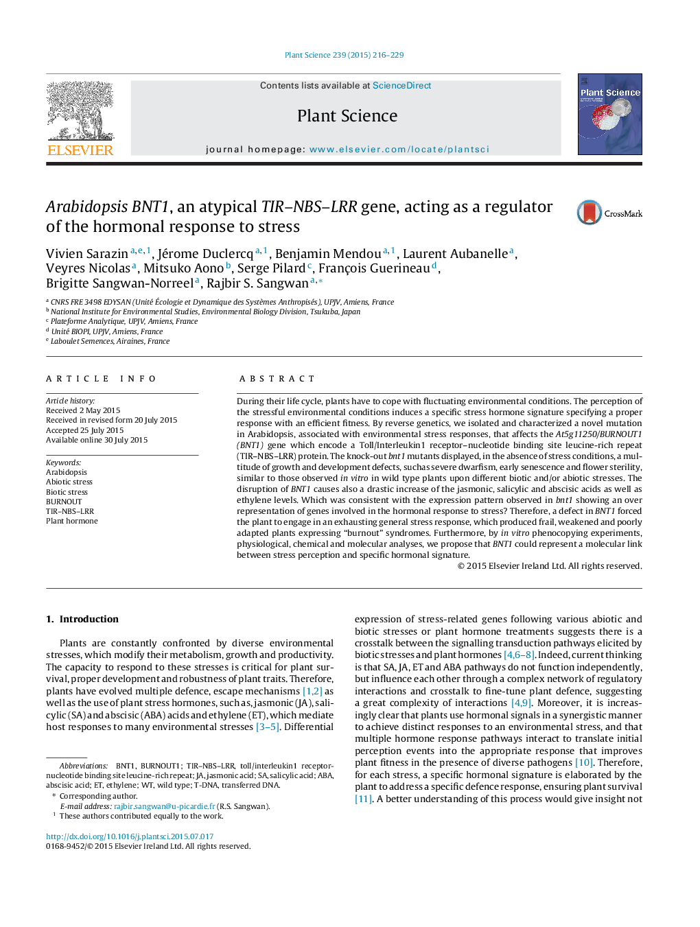 Arabidopsis BNT1, an atypical TIR-NBS-LRR gene, acting as a regulator of the hormonal response to stress