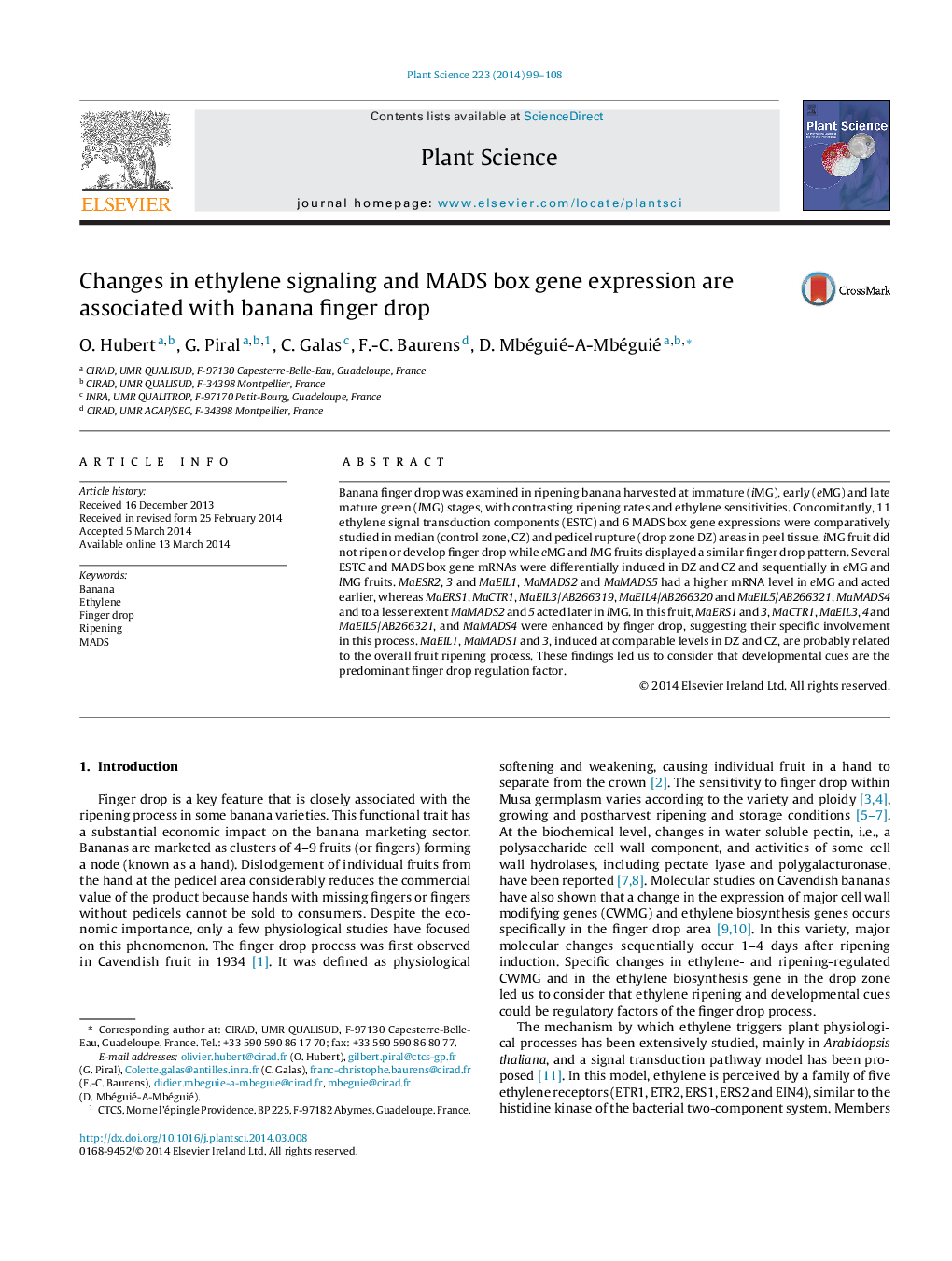 Changes in ethylene signaling and MADS box gene expression are associated with banana finger drop