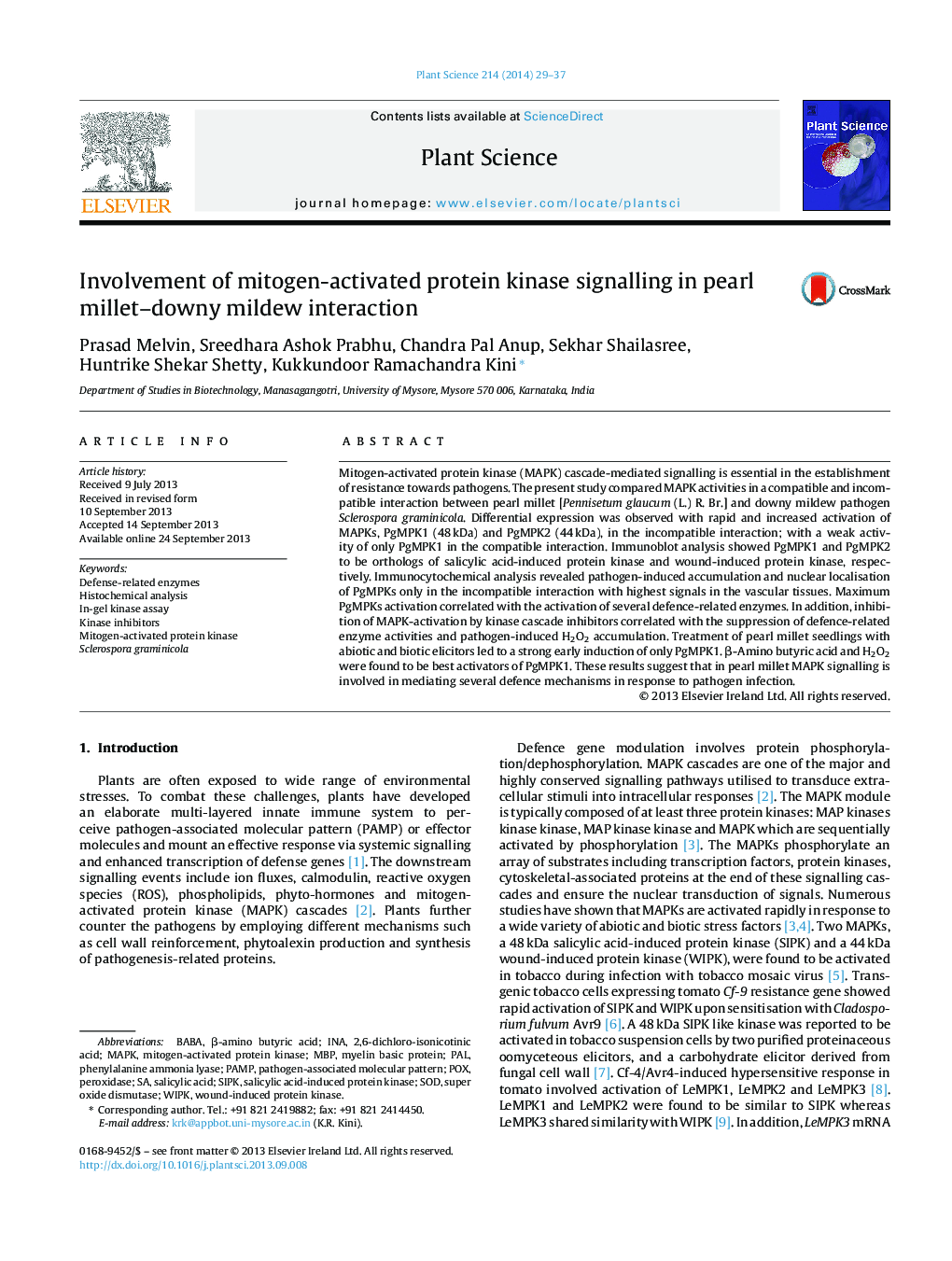 Involvement of mitogen-activated protein kinase signalling in pearl millet–downy mildew interaction